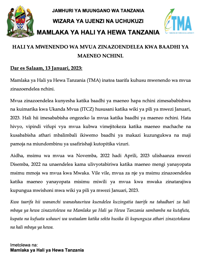 TAARIFA KWA UMMA: HALI YA MWENENDO WA MVUA ZINAZOENDELEA KWA BAADHI YA MAENEO NCHINI.